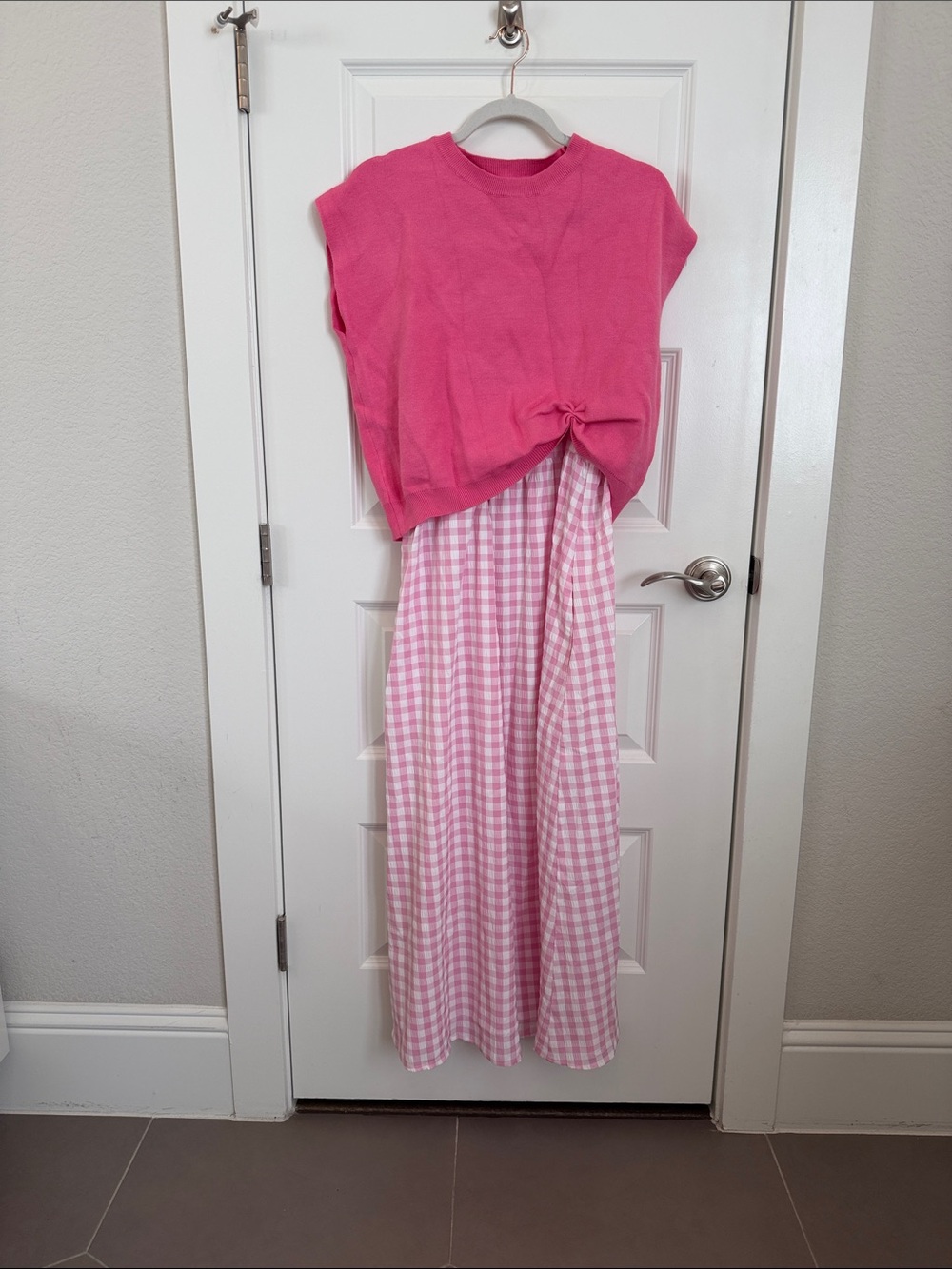 entro Pink Knit Top with Pink Gingham Maxi Skirt